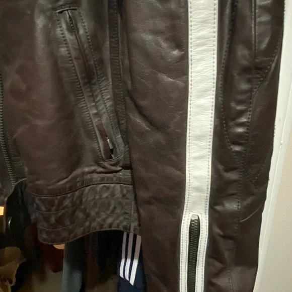 Men's Brown Leather Jacket with White Racing Stripes